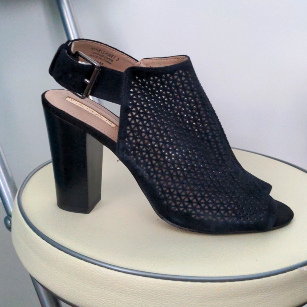 Tahari black suede leather sling back shoes. Like new